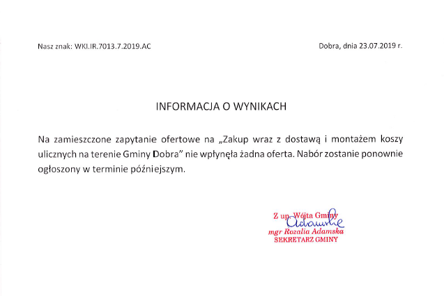 Informacja o wynikach zapytania ofertowego