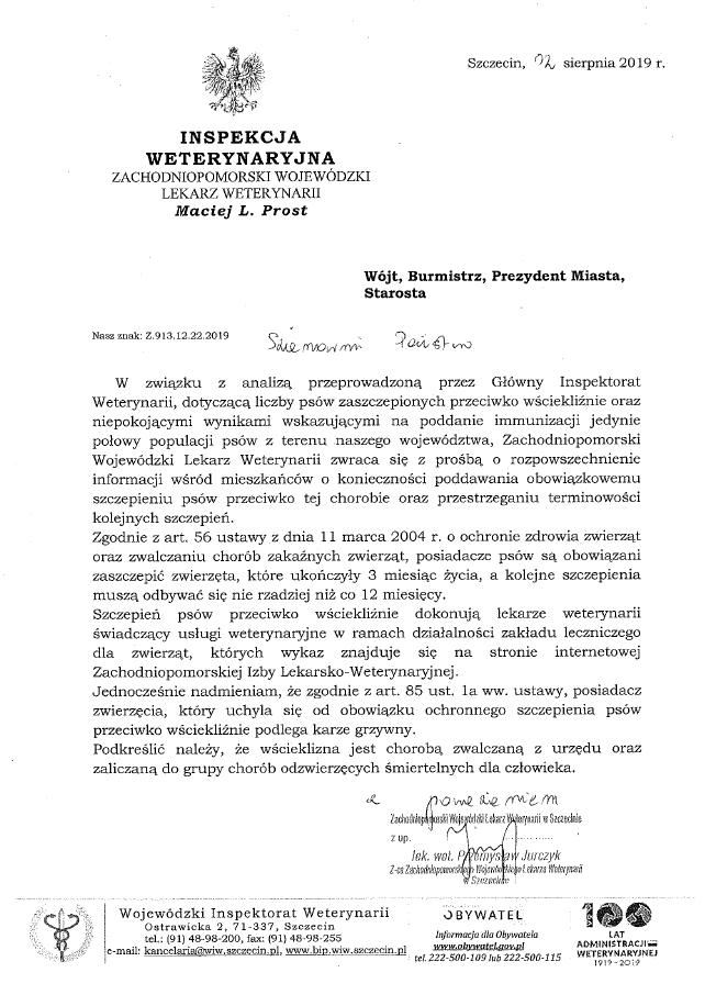 Pismo Zachodniopomorskiego Wojewódzkiego Lekarza Weterynarii z dnia 2 sierpnia 2019 r. dotyczące szczepienia psów przeciwko wściekliźnie
