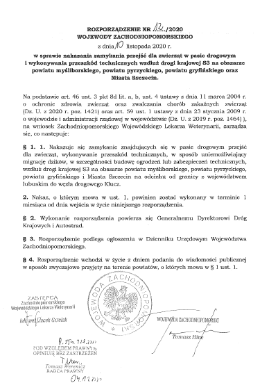 Rozporządzenie Nr 12/2020 Wojewody Zachodniopomorskiego z dnia 10 listopada 2020 r. w sprawie nakazania zamykania przejść dla zwierząt w pasie drogowym i wykonywania przeszkód technicznych wzdłuż drogi krajowej S3 