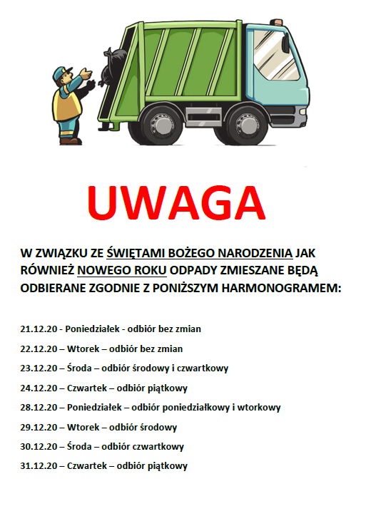 Zmiana harmonogramu wywozu odpadów komunalnych w związku ze Świętami Bożego Narodzenia i Nowym Rokiem