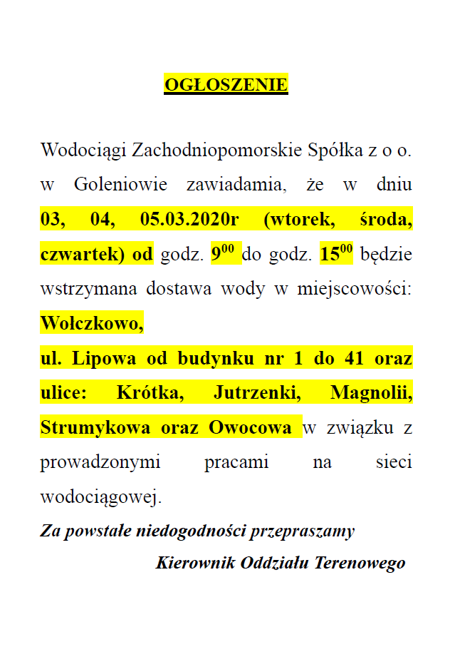 Wstrzymanie dostawy wody w Wołczkowie - 3, 4, 5.03.2020 r.
