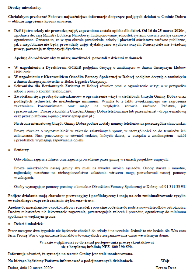Działania podjęte w Gminie Dobra w obliczu zagrożenia koronawirusem