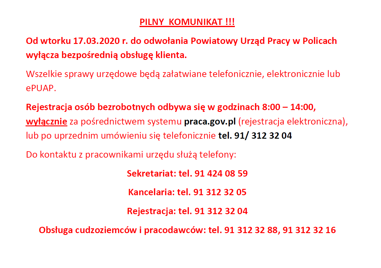 Komunikat Powiatowego Urzędu Pracy w Policach