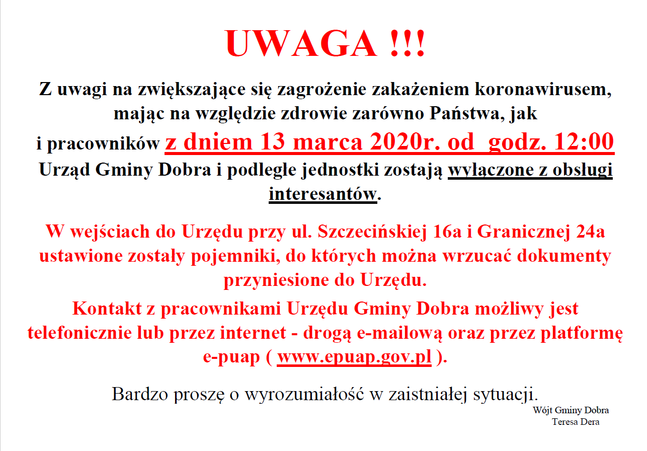 Urząd Gminy Dobra oraz podległe jednostki wyłączone z obsługi interesantów
