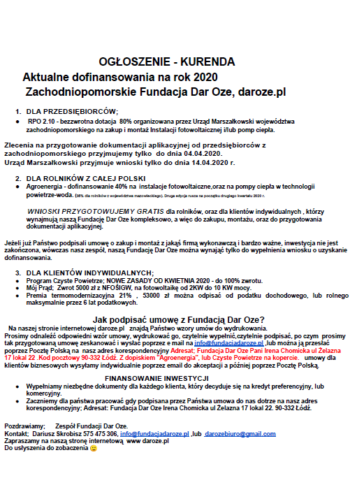 Aktualne dofinansowania na rok 2020 w związku z odnawialnymi źródłami energii