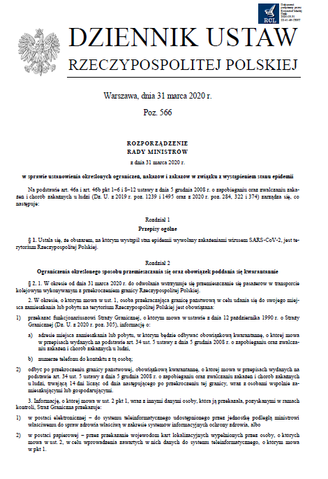 Rozporządzenie Rady Ministrów z dnia 31 marca 2020 r. w sprawie ustanowienia określonych ograniczeń, nakazów i zakazów w związku z wystąpieniem stanu epidemii