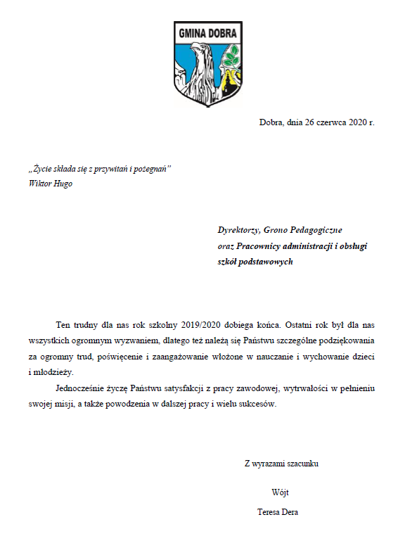 Podziękowania dla Dyrektorów, Grona Pedagogicznego oraz Pracowników administracji i obsługi szkół podstawowych