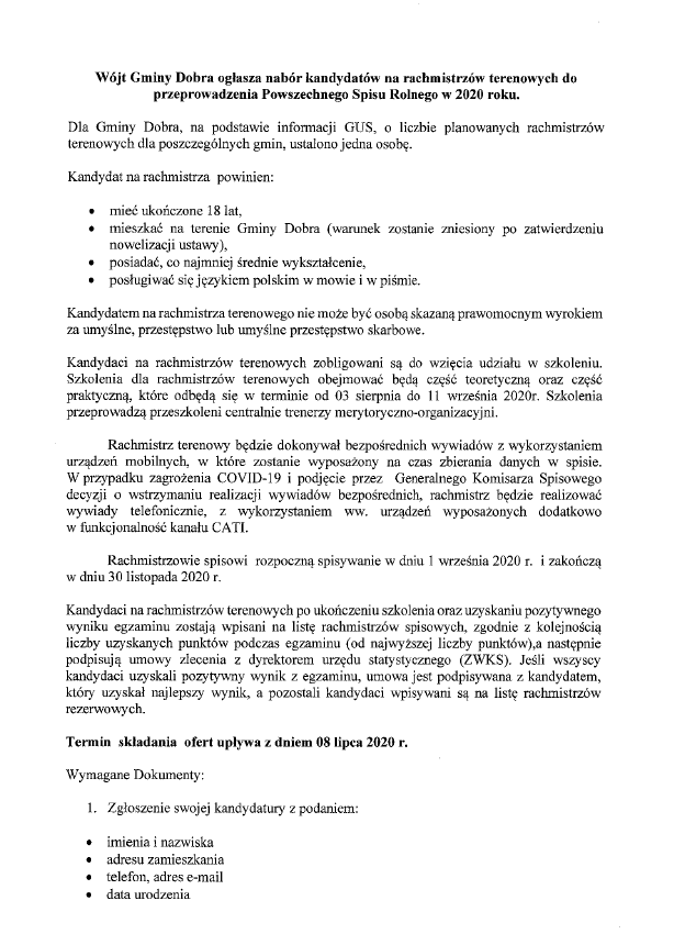 Nabór kandydatów na rachmistrzów terenowych do przeprowadzenia Powszechnego Spisu Rolnego w 2020 roku