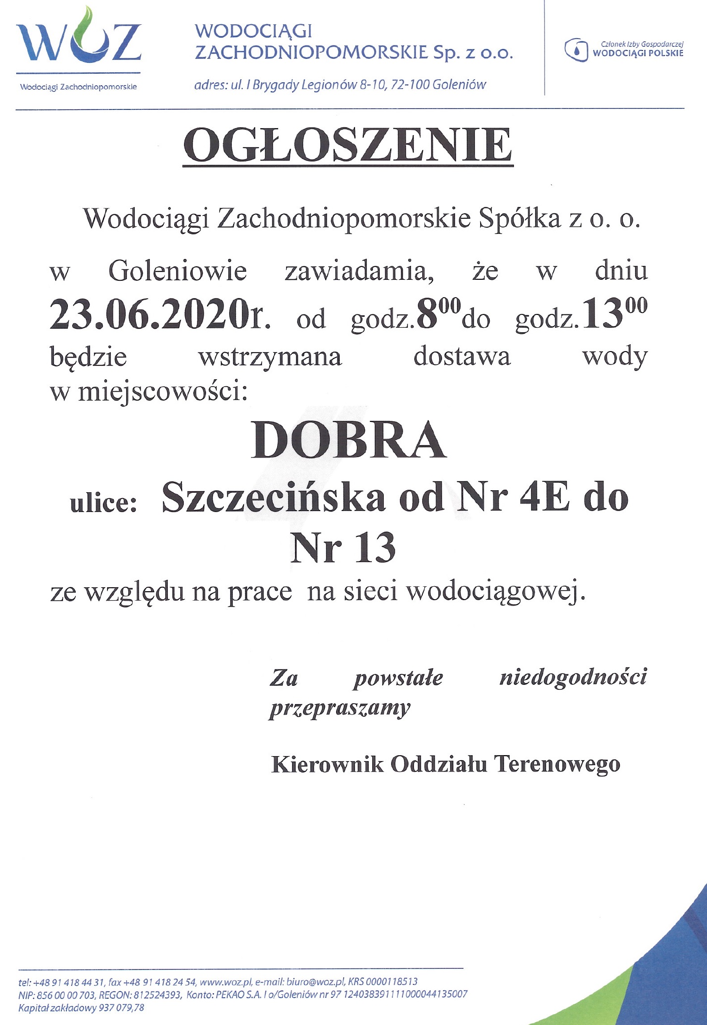 Wstrzymanie dostawy wody w Dobrej - 23.06.2020 r.