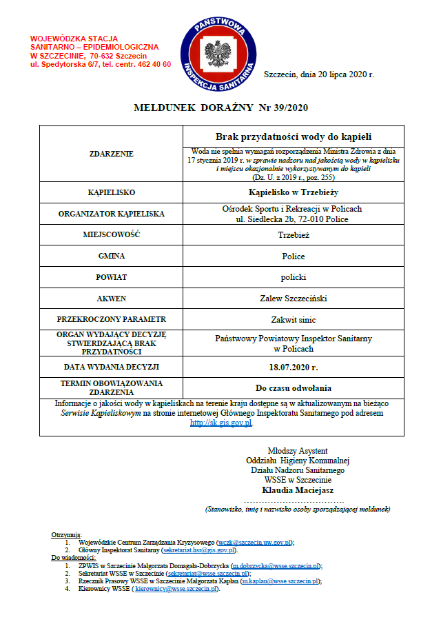 Meldunek doraźny nr 39/2020 Państwowej Inspekcji Sanitarnej