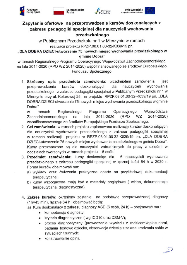 Zapytanie ofertowe na przeprowadzenie kursów doskonalących z zakresu pedagogiki specjalnej dla nauczycieli wychowania przedszkolnego