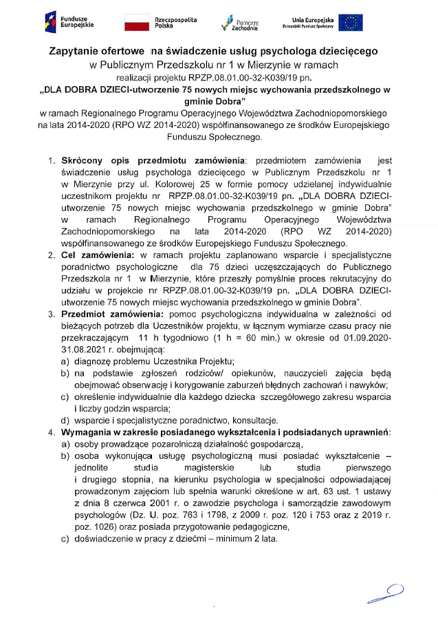 Zapytanie ofertowe na świadczenie usług psychologa dziecięcego