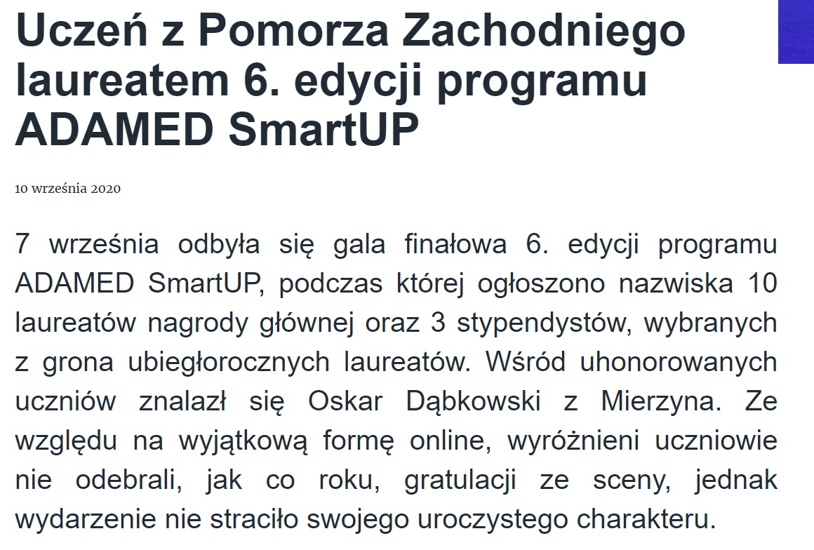 Uczeń z Mierzyna laureatem programu ADAMED SmartUP