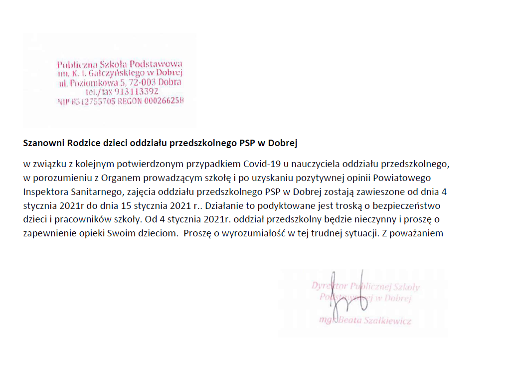Zawieszenie zajęć w oddziałach przedszkolnych w PSP w Dobrej