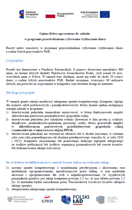 NIEKATUALNE: Gmina Dobra uprawniona do udziału w programie przeciwdziałania cyfrowemu wykluczeniu dzieci