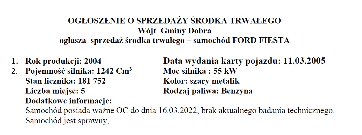 Ogłoszenie o sprzedaży środka trwałego - samochód FORD FIESTA