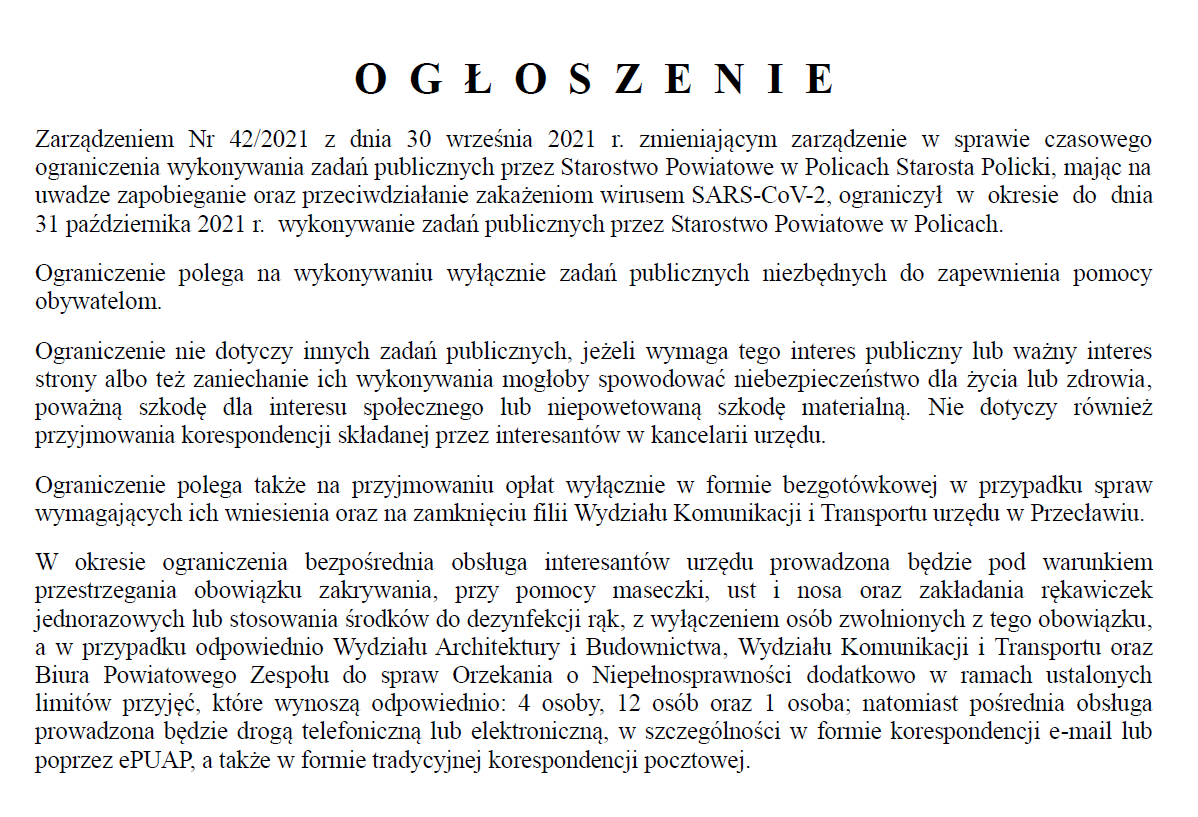 Ogłoszenie Starosty Polickiego z dnia 30 września 2021 r. w sprawie czasowego ograniczenia wykonywania zadań publicznych przez Starostwo Powiatowe