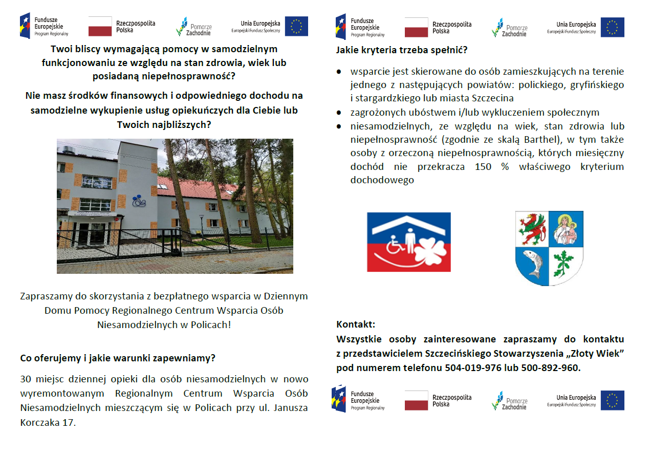 Trwa nabór uczestników do Dziennego Domu Pomocy w Regionalnym Centrum Wsparcia Osób Niesamodzielnych w Policach