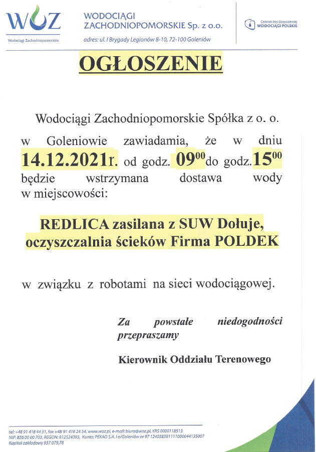 Wstrzymanie dostawy wody w Redlicy w dniu 14.12.2021