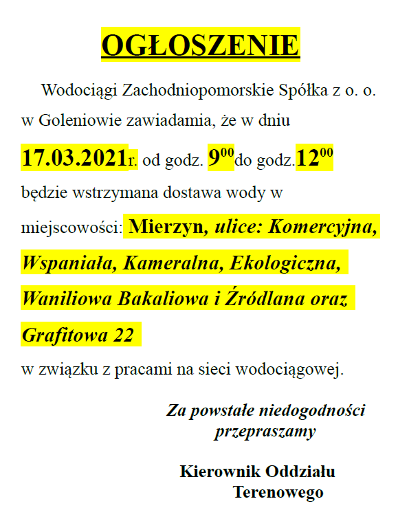 Wstrzymanie dostawy wody w Mierzynie - 17.03.2021r.