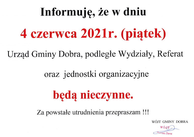 4 czerwca - urząd Gminy Dobra nieczynny