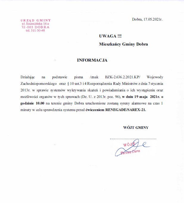 Informacja o uruchomieniu syren alarmowych w dniu 19 maja 2021r.