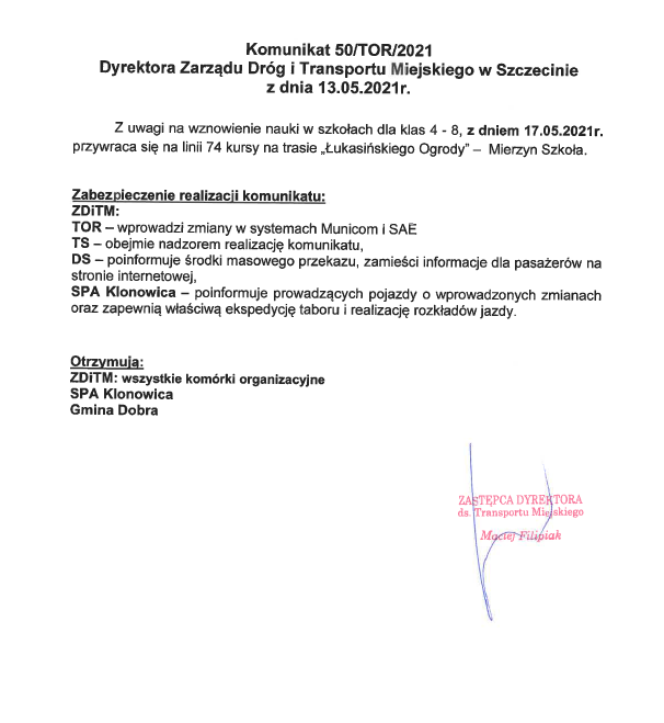 Komunikat ZDiTM Nr 50/TOR/2021 dotyczący przywrócenia dla linii 74 kursów do szkoły w Mierzynie 