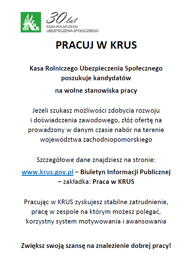 Kasa Rolniczego Ubezpieczenia Społecznego poszukuje kandydatów  na wolne stanowiska pracy