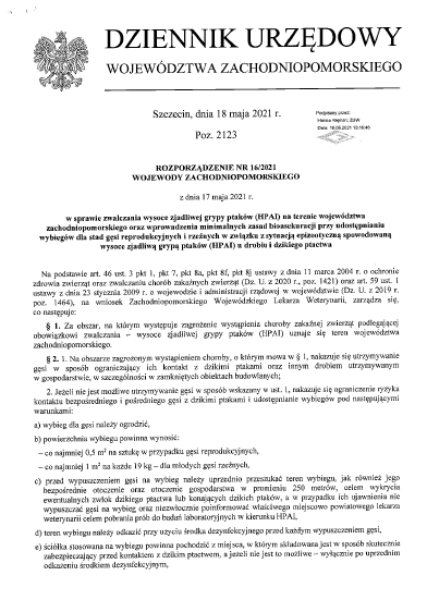 Rozporządzenie Nr 16/2021 Wojewody Zachodniopomorskiego z dnia 17 maja 2021
