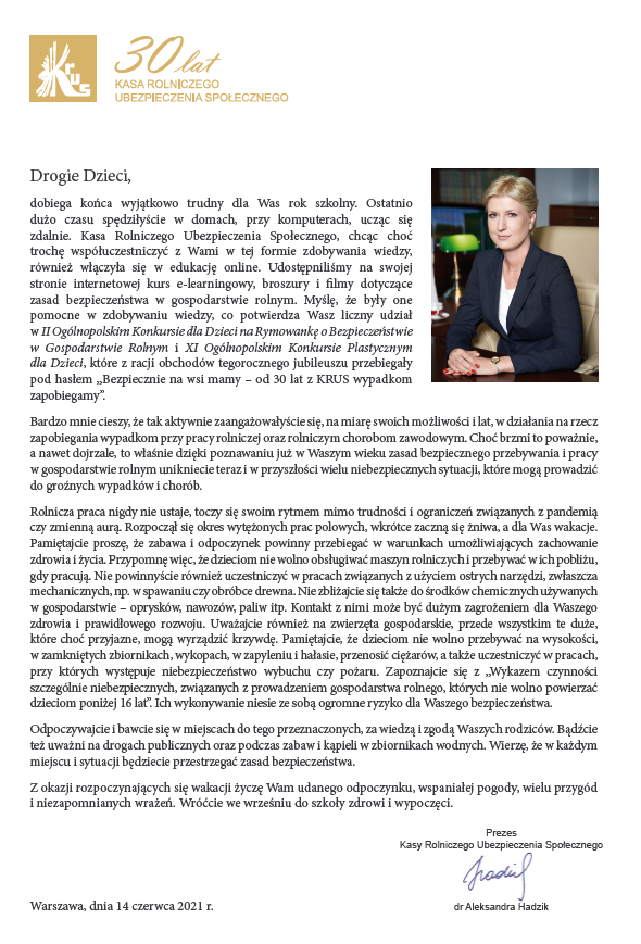 List Prezes KRUS do dzieci 