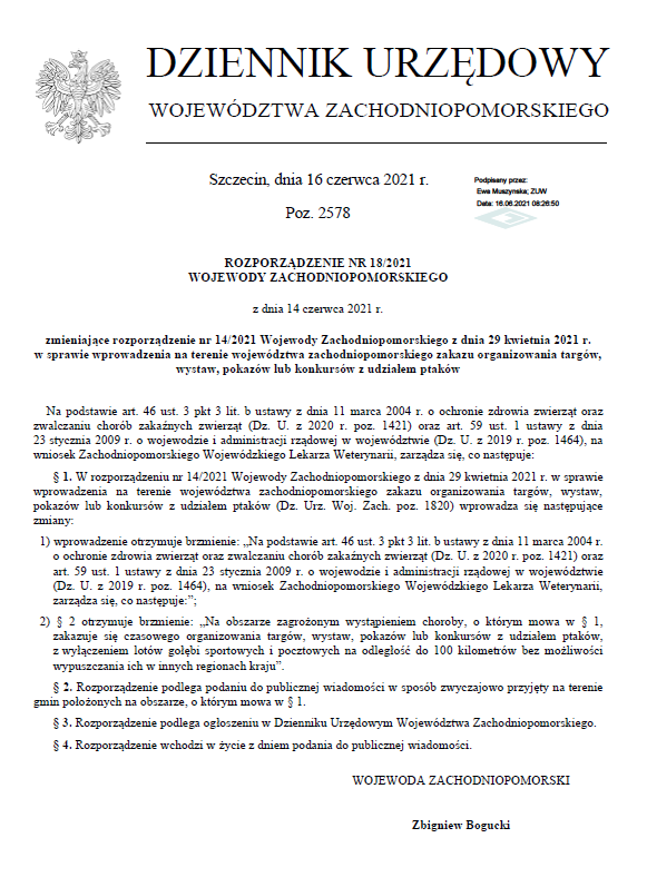 Rozporządzenie Nr 18/2021 Wojewody Zachodniopomorskiego z dnia 14 czerwca 2021 r. zmieniające rozporządzenie nr 14/2021 Wojewody Zachodniopomorskiego z dnia 29 kwietnia 2021 r. 