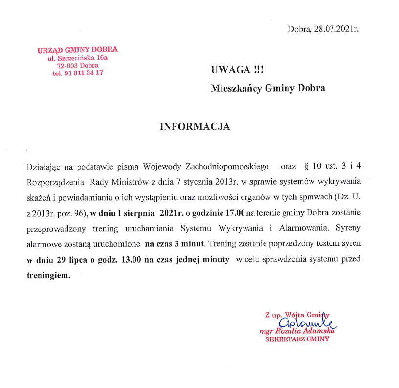 Trening uruchamiania Systemu Wykrywania i Alarmowania na terenie gminy Dobra