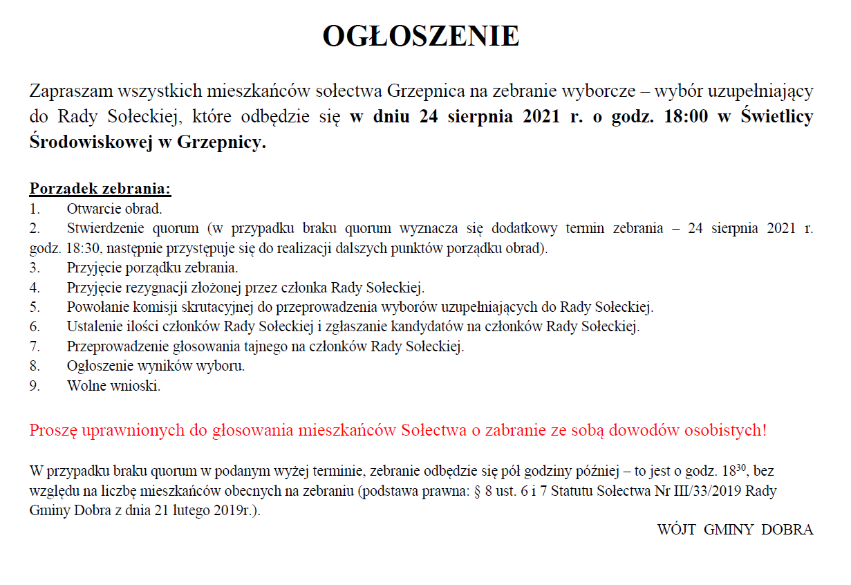 Wybór uzupełniający do Rady Sołeckiej w Grzepnicy