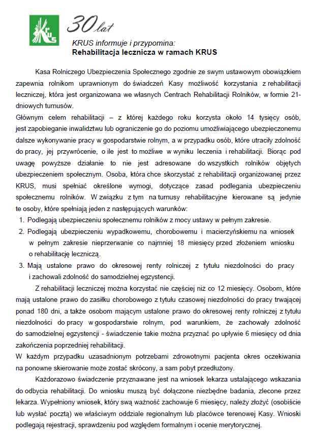 Rehabilitacja lecznicza w ramach KRUS