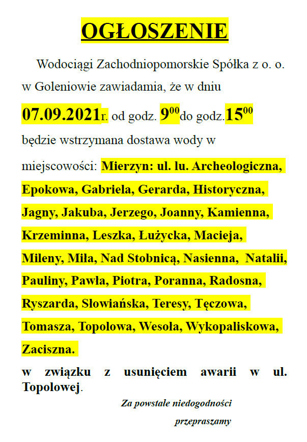 Wstrzymanie dostawy wody w Mierzynie w dniu 07.09.2021r.