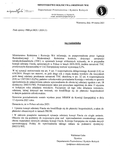 Informacja Ministerstwa Rolnictwa i Rozwoju Wsi