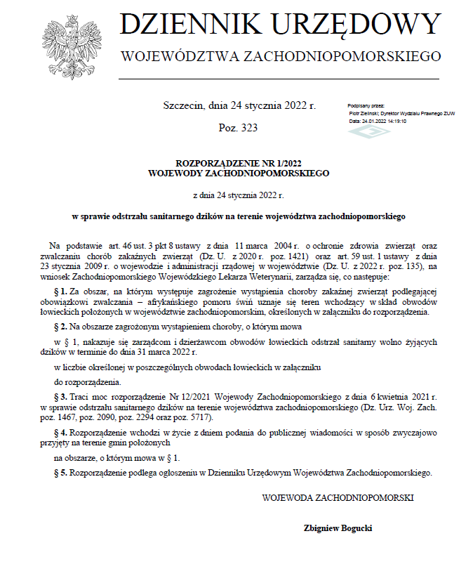 Rozporządzenie Nr 1/2022 Wojewody Zachodniopomorskiego z dnia 24 stycznia 2022 r. w sprawie odstrzału sanitarnego dzików na terenie województwa zachodniopomorskiego