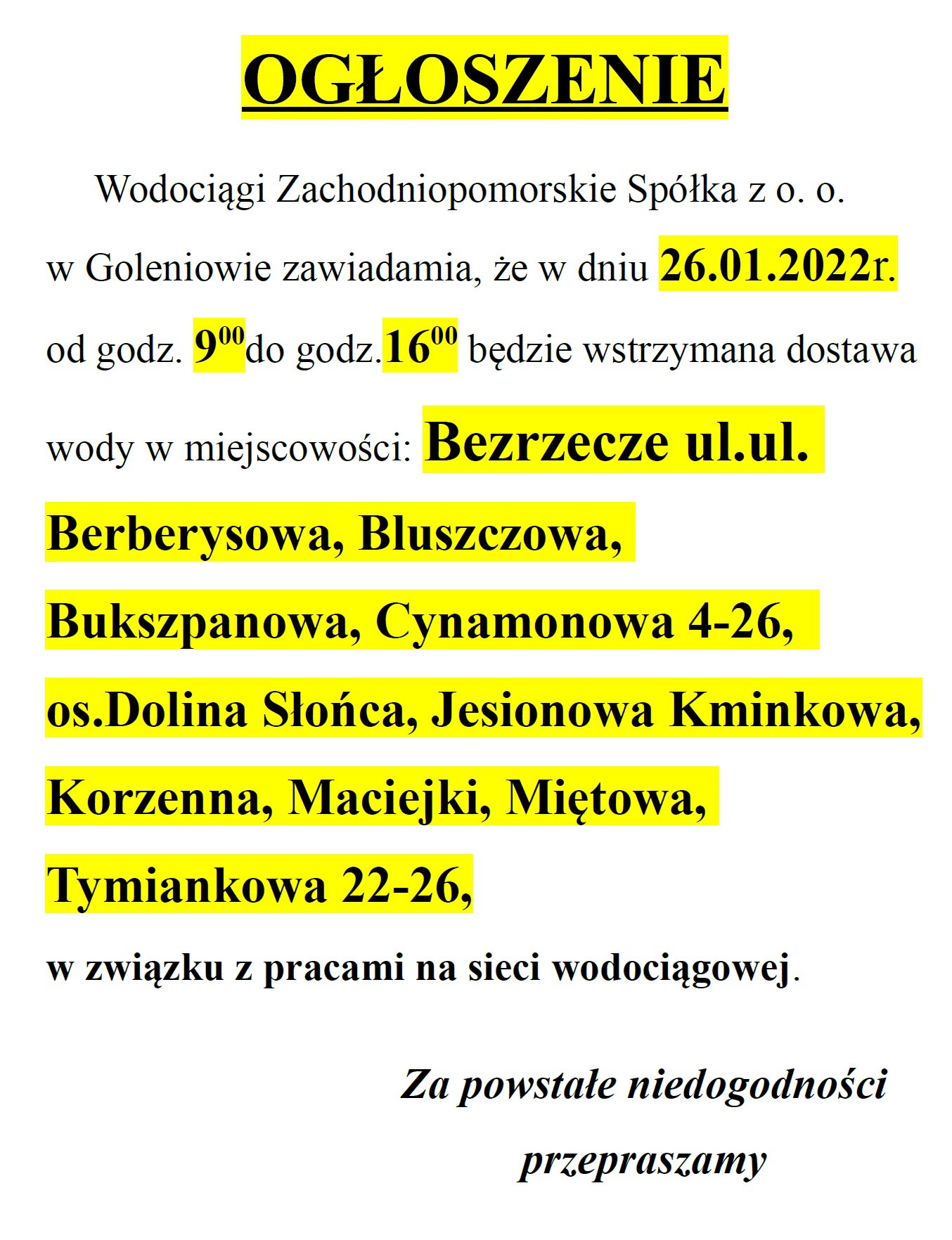 Ogłoszenie o wstrzymaniu dostawy wody w dniu 26 stycznia 2022r. w Bezrzeczu