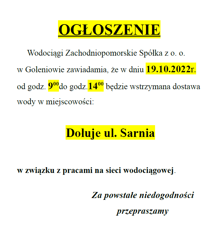 Wstrzymanie dostawy wody w Dołujach w dniu 19.10.2022 r.