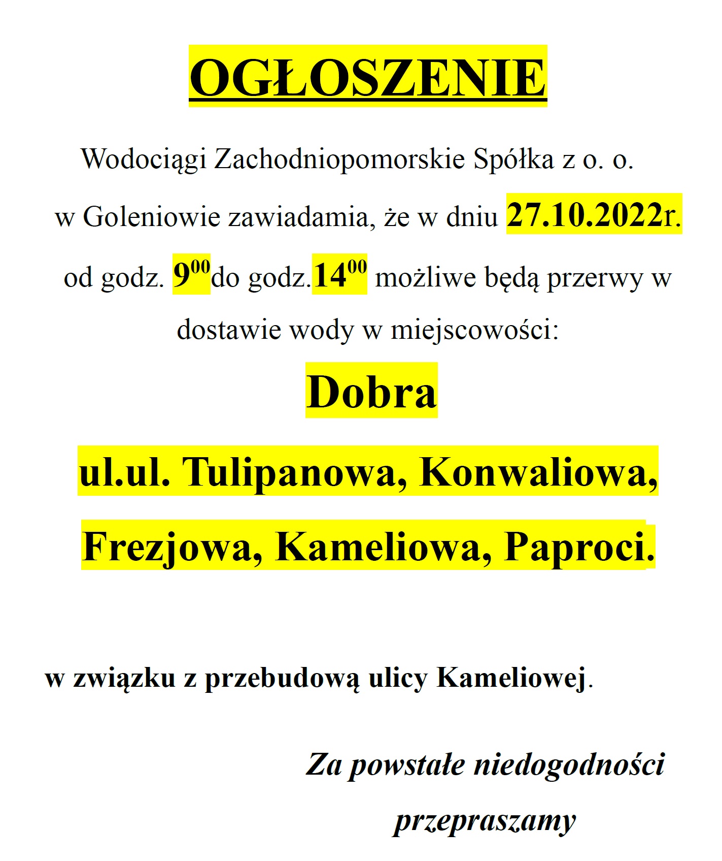 Informacja o przerwach w dostawie wody w Dobrej
