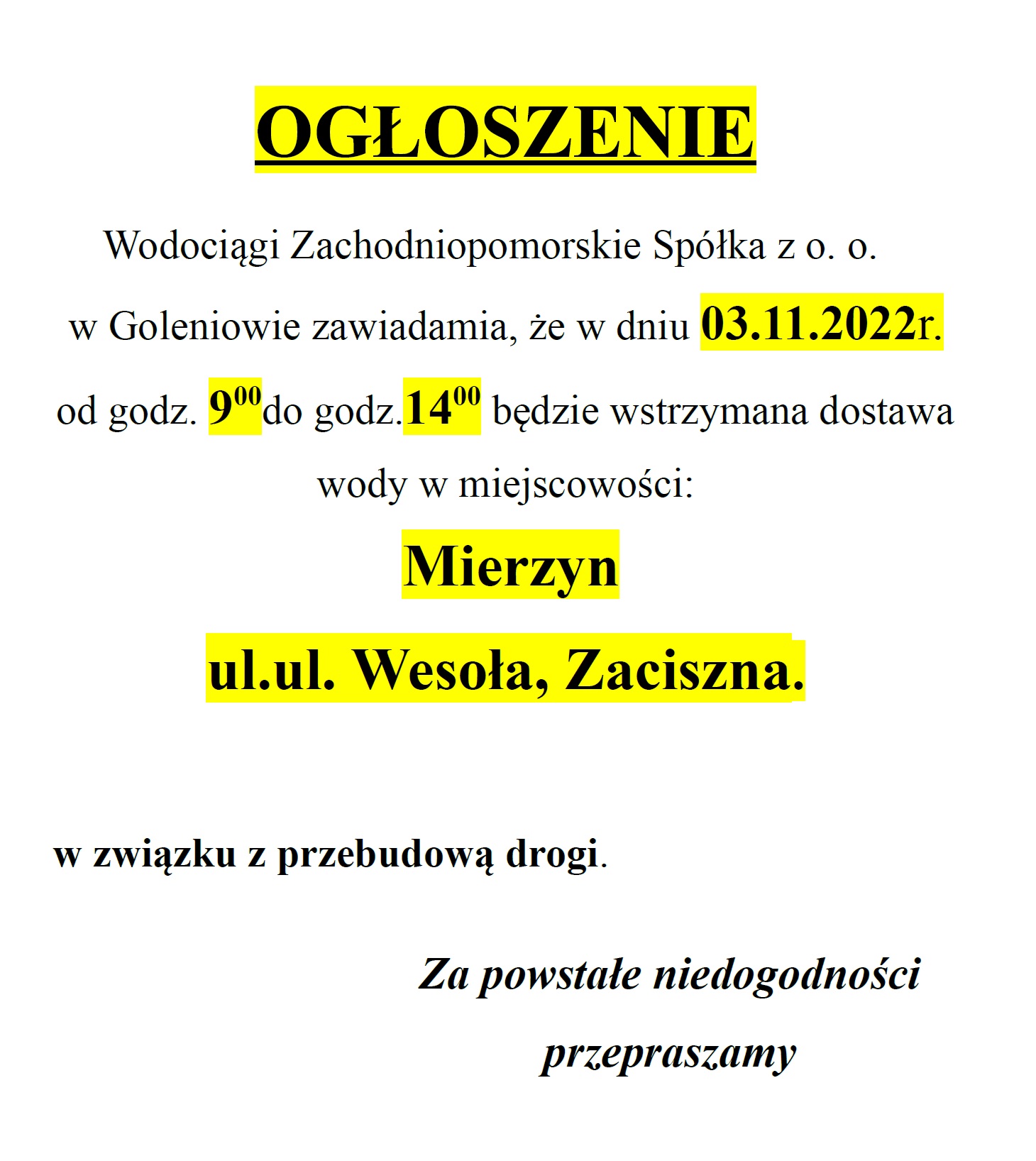 Informacja o przerwach w dostawie wody w Mierzynie ul. Wesoła i Zaciszna 
