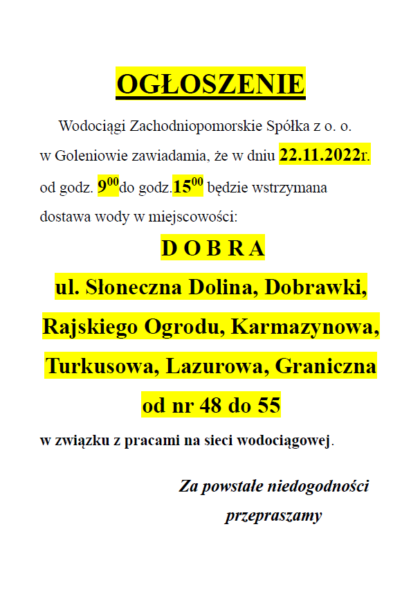 Wstrzymanie dostawy wody w Dobrej w dniu 22.11.2022