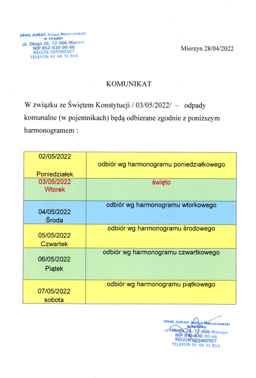 Zmiana harmonogramu wywozu odpadów w związku ze Świętem Konstytucji 3-go maja