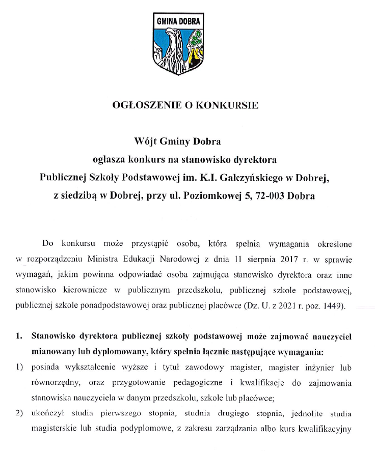 Konkurs na stanowisko dyrektora Publicznej Szkoły Podstawowej im. K.I. Gałczyńskiego w Dobrej