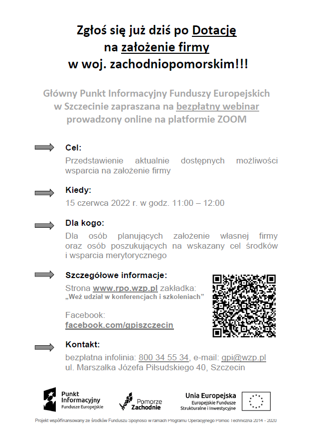 Główny Punkt Informacyjny Funduszy Europejskich w Szczecinie zapraszana na bezpłatny webinar 