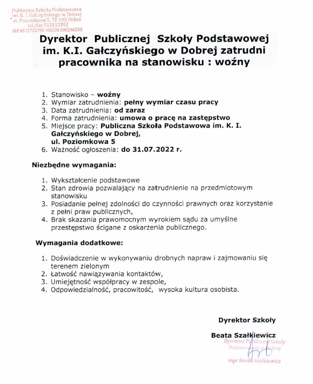 Dyrektor PSP w Dobrej zatrudni pracownika na stanowisku: woźny