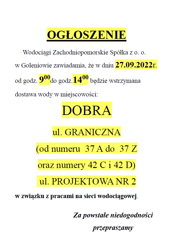 Wstrzymanie dostawy wody w Dobrej w dniu 27.09.2022 r.