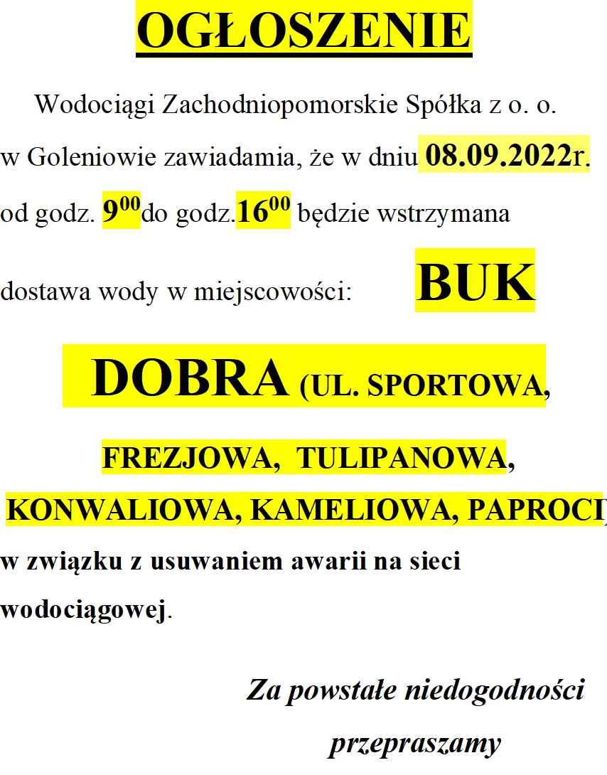 Informacja o przerwie w dostawie wody w dniu 8 września br.