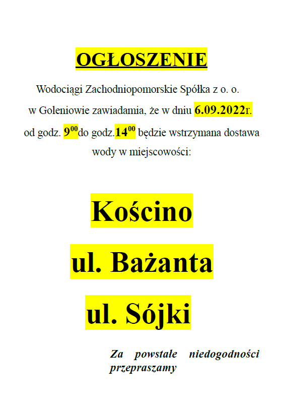 Wstrzymanie dostawy wody w Kościnie w dniu 06.09.2022 r.