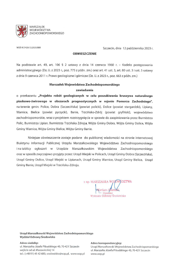 Obwieszczenie Marszałka Województwa Zachodniopomorskiego o przekazaniu Projektu do zaopiniowania